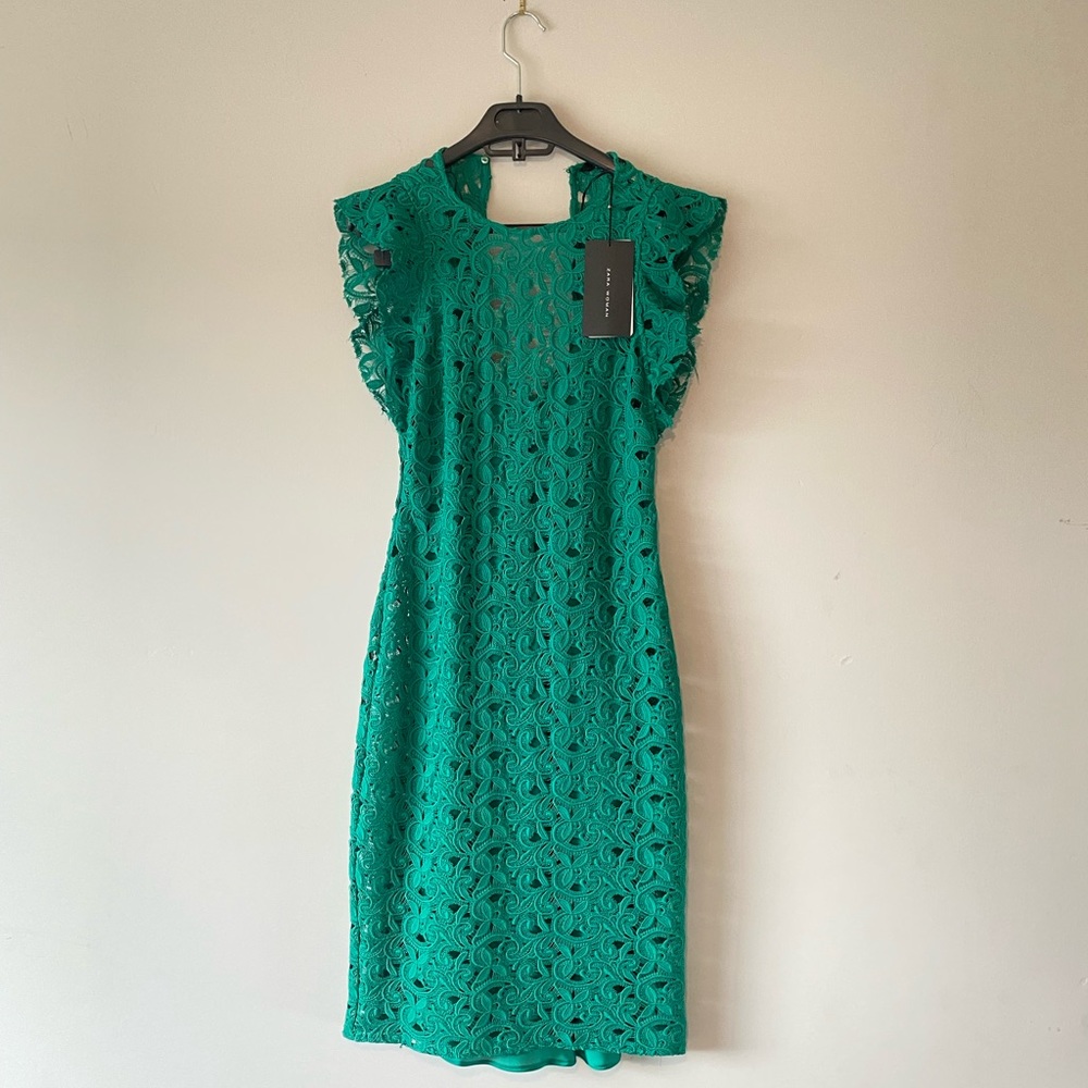Zara Turquoise Lace Cocktail Dress with Slip and Ruffled Shoulders - SZ Small